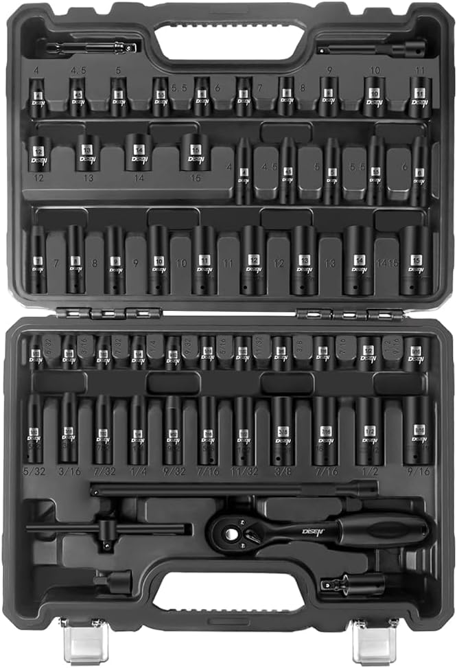 DISEN 57 PCS 1/4" Drive Impact Socket Set Shallow & Deep Socket Set SAE(5/32"-9/16") & Metric(4-15mm) with Universal Joint, Extension Bar, 3/8 to 1/4 Reducer, Ratchet Handle, Adapter - Image 1